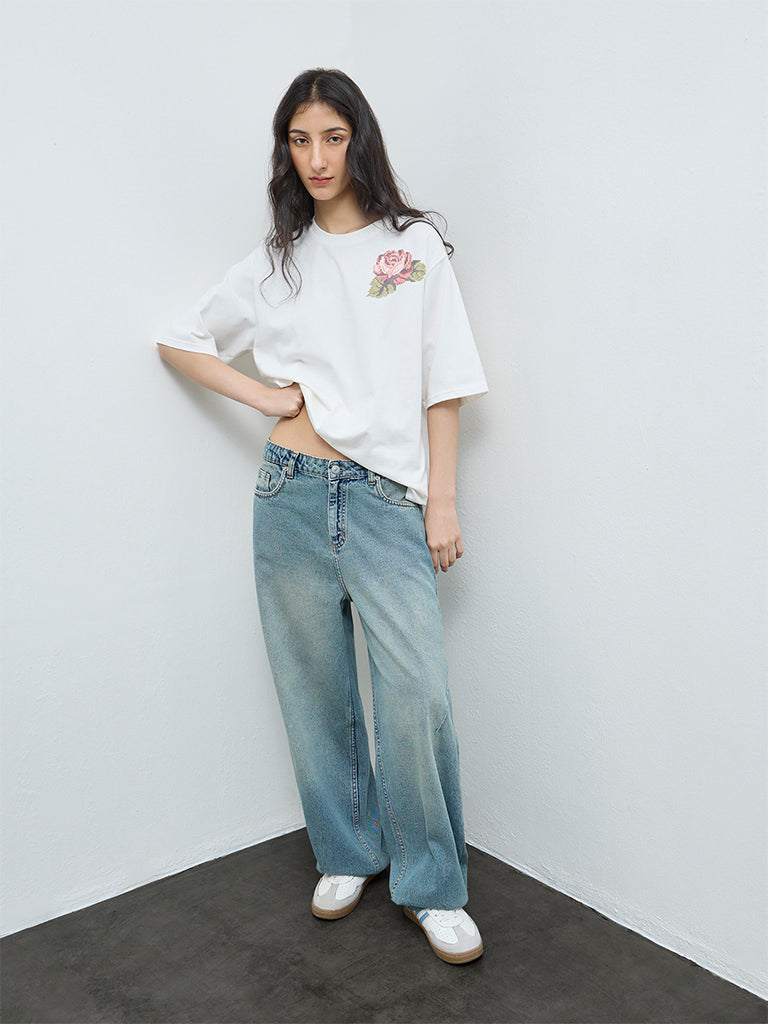 Nuon White Printed Cotton T-Shirt