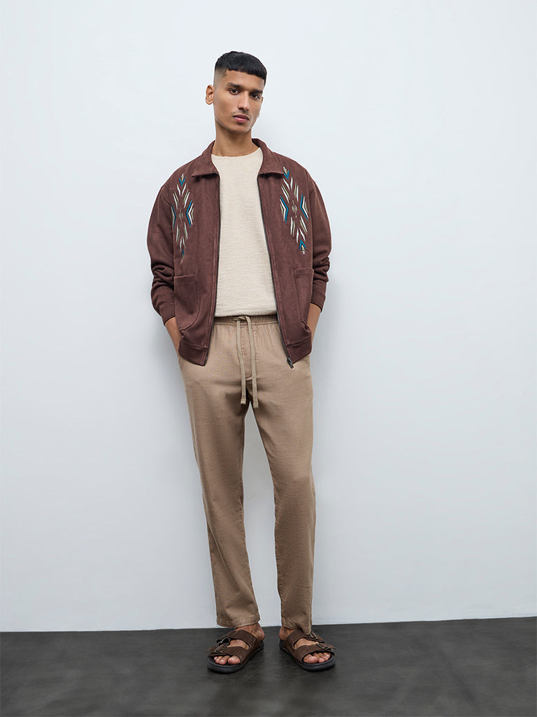 ETA Brown Embroidered Relaxed-Fit Suede Jacket