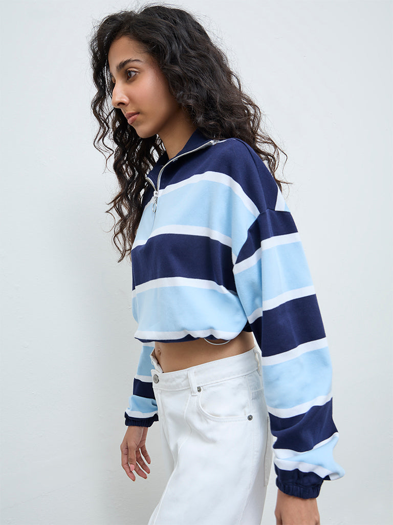 Nuon Blue Striped Quarter-Zip Cotton T-Shirt