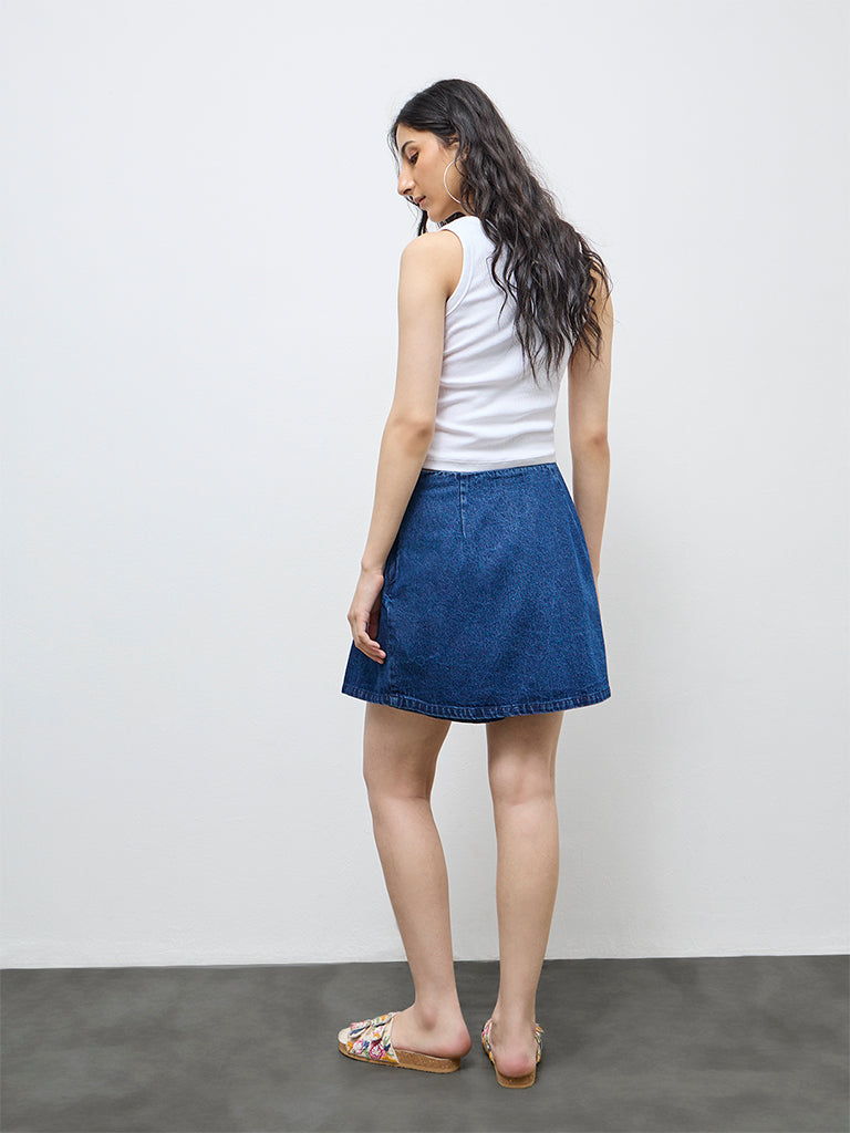 Bombay Paisley Blue Floral Embroidered Denim Skirt