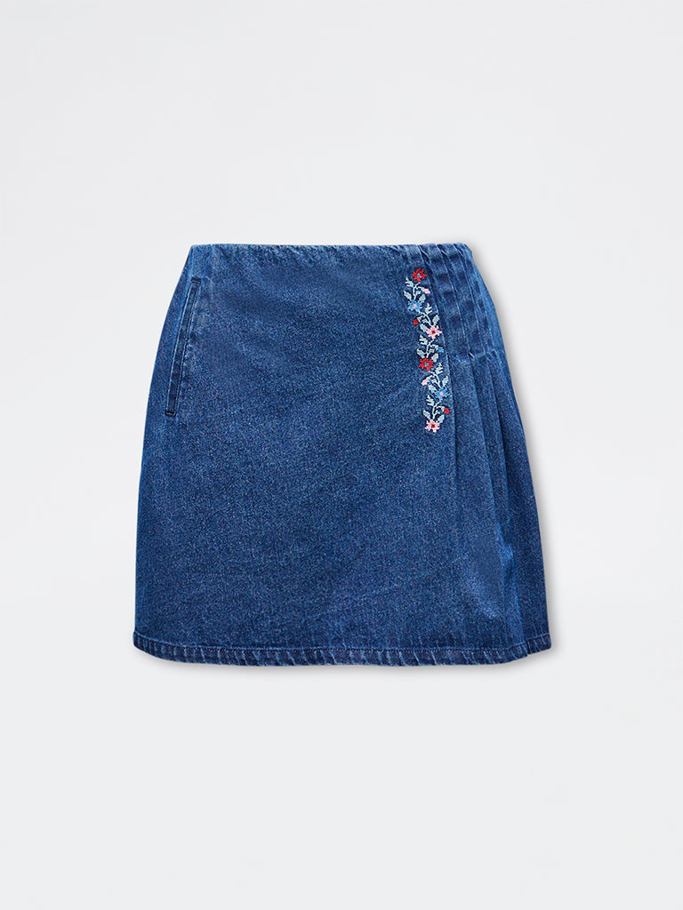 Bombay Paisley Blue Floral Embroidered Denim Skirt