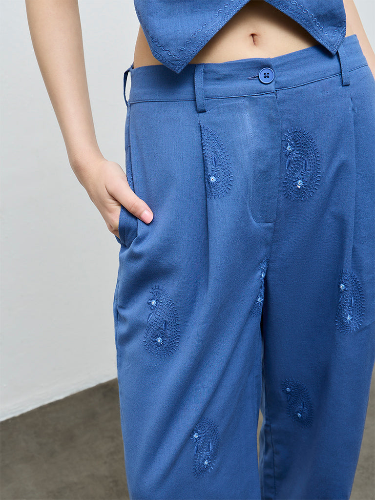 Bombay Paisley Blue Embroidered Cotton-Blend Palazzos
