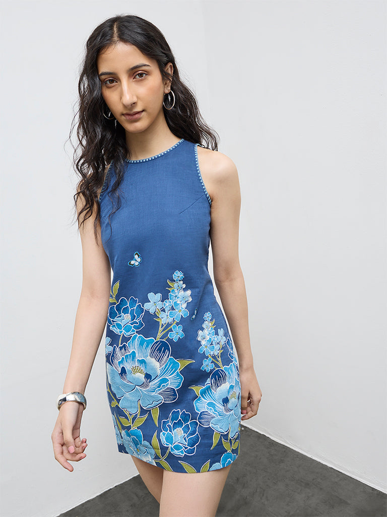 Bombay Paisley Blue Floral Pattern Shift Cotton Dress