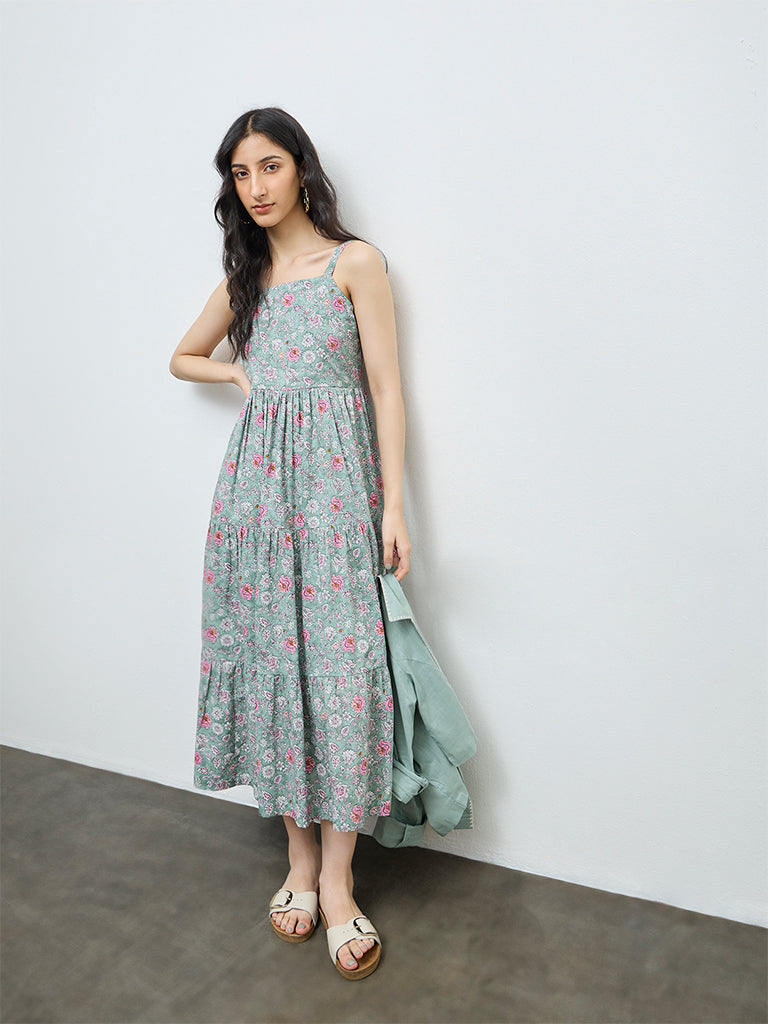 Bombay Paisley Mint Floral Cotton Tiered Dress with Jacket