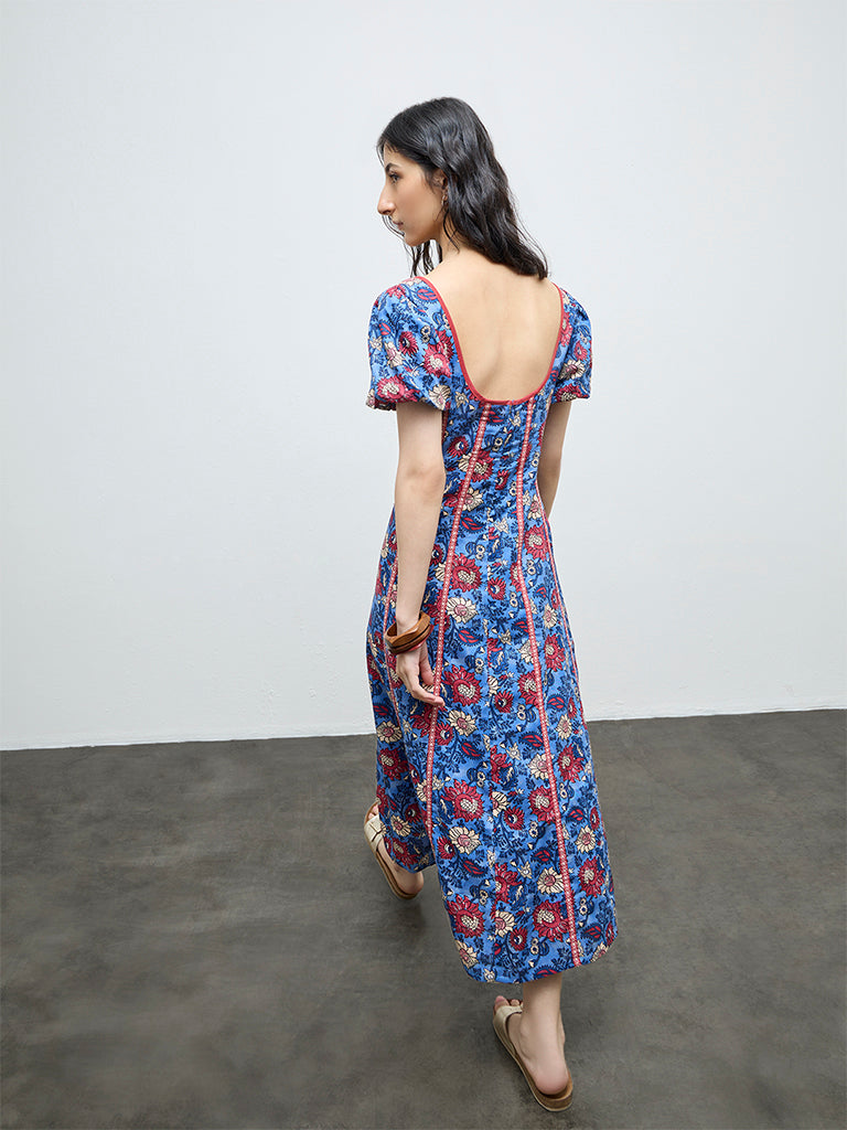 Bombay Paisley Blue Floral Cotton-Blend A-Line Dress