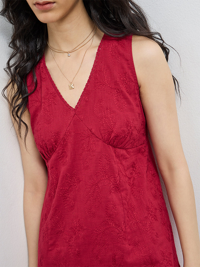 Bombay Paisley Red Floral Embroidered Cotton Straight Dress