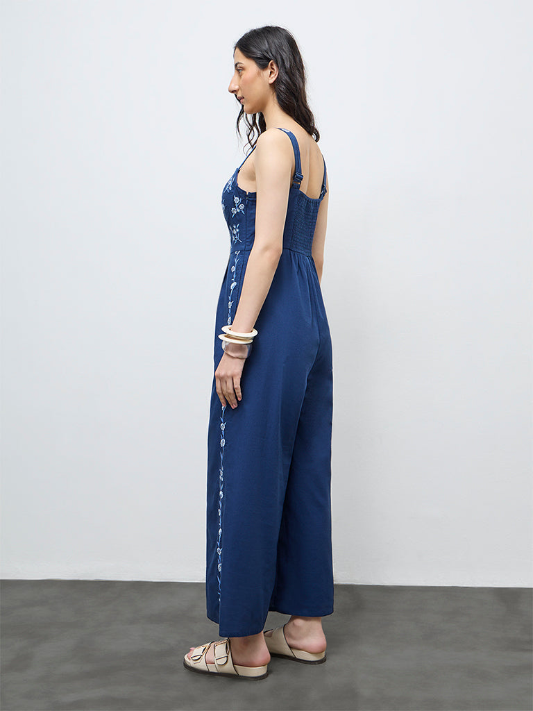 Bombay Paisley Blue Embroidered Cotton Jumpsuit
