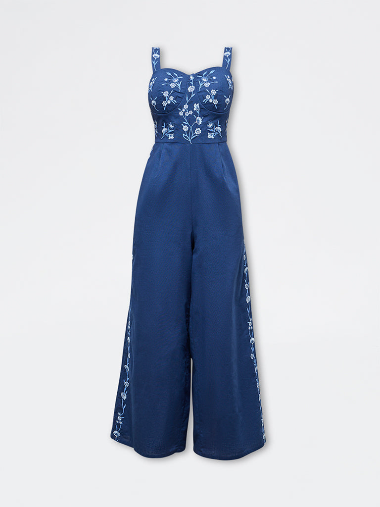 Bombay Paisley Blue Embroidered Cotton Jumpsuit