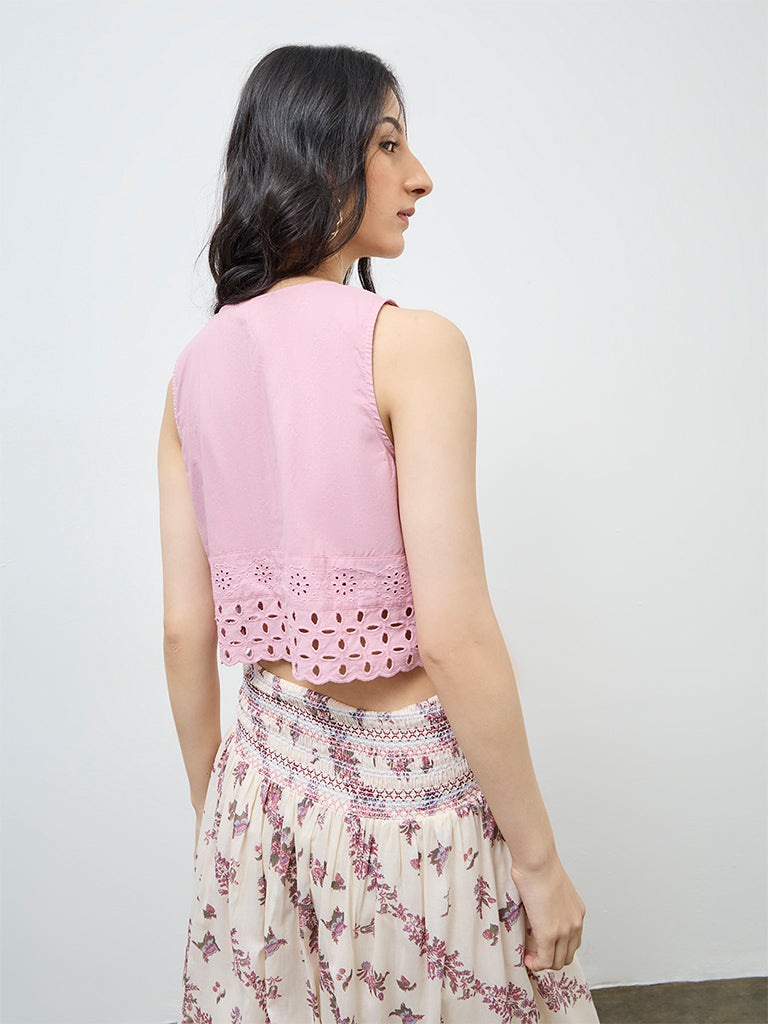 Bombay Paisley Pink Schiffli Embroidered Cotton Top