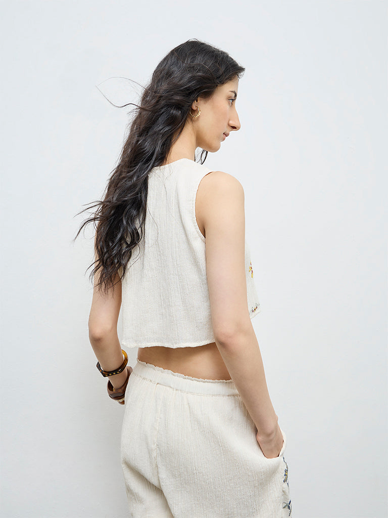 Bombay Paisley Off-White Floral Embroidered Cotton Top