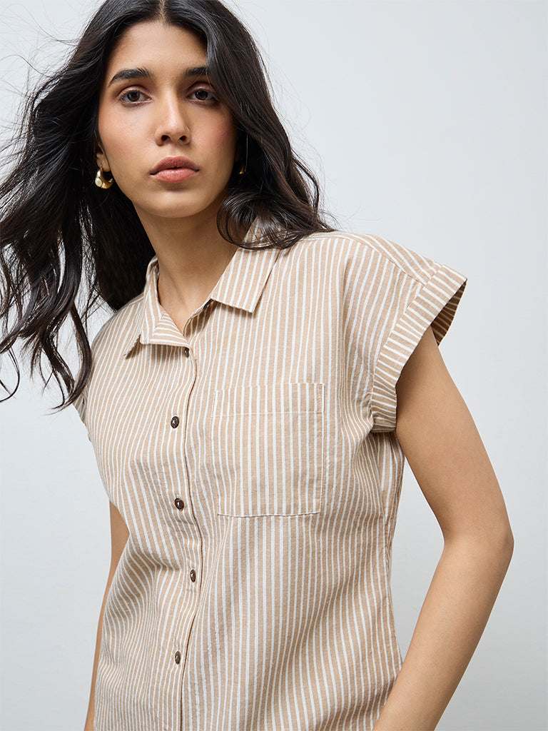 LOV Beige Striped Cotton-Blend Top