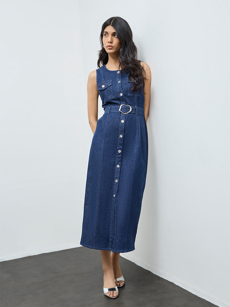 LOV Blue Denim A-Line Dress with Belt