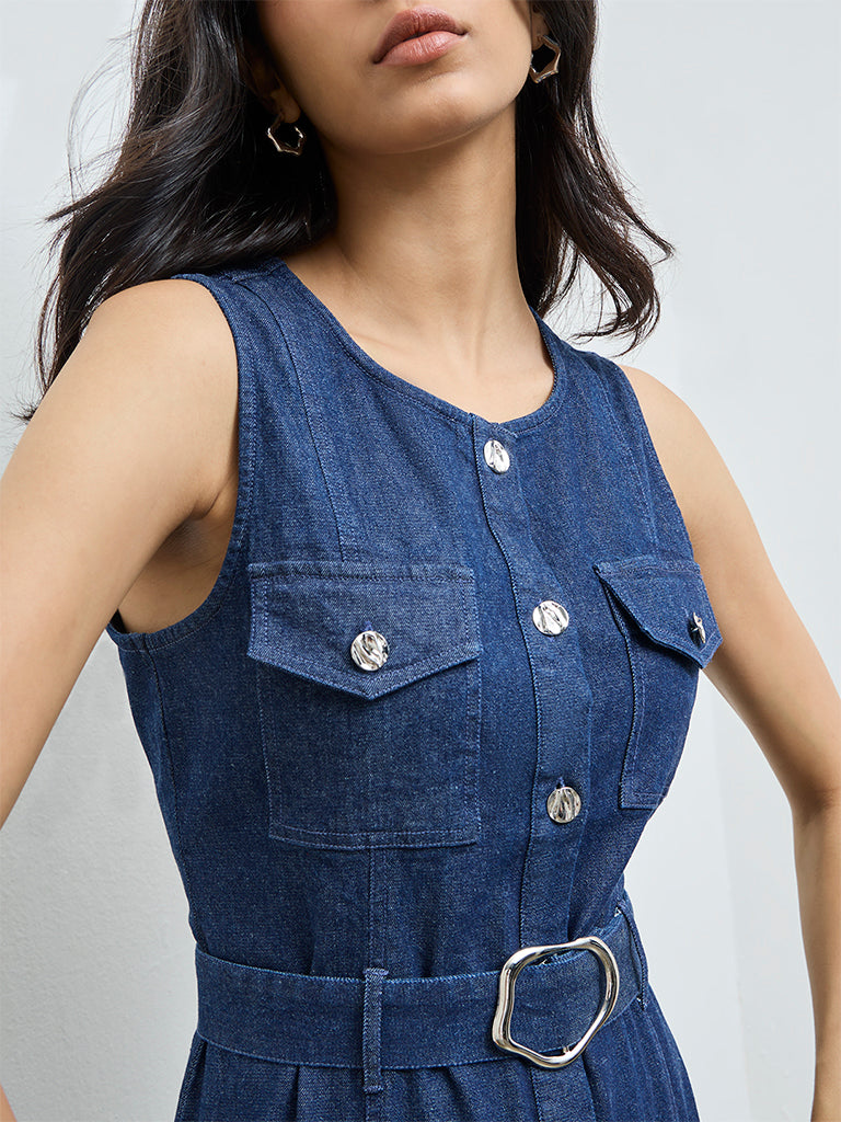 LOV Blue Denim A-Line Dress with Belt