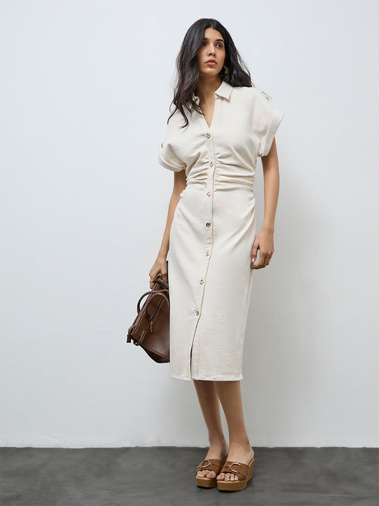 LOV Cream Ruched Detailed Denim Shirt Dress
