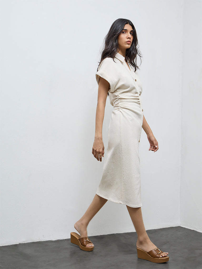 Buy LOV Cream Ruched Detailed Denim Shirt Dress from Westside