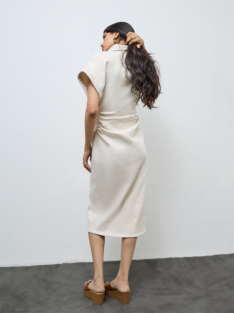 LOV Cream Ruched Detailed Denim Shirt Dress