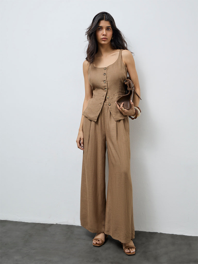 LOV Brown Solid High-Rise Cotton-Blend Pants