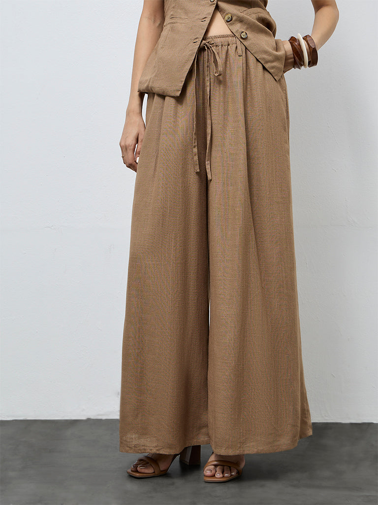 LOV Brown Solid High-Rise Cotton-Blend Pants