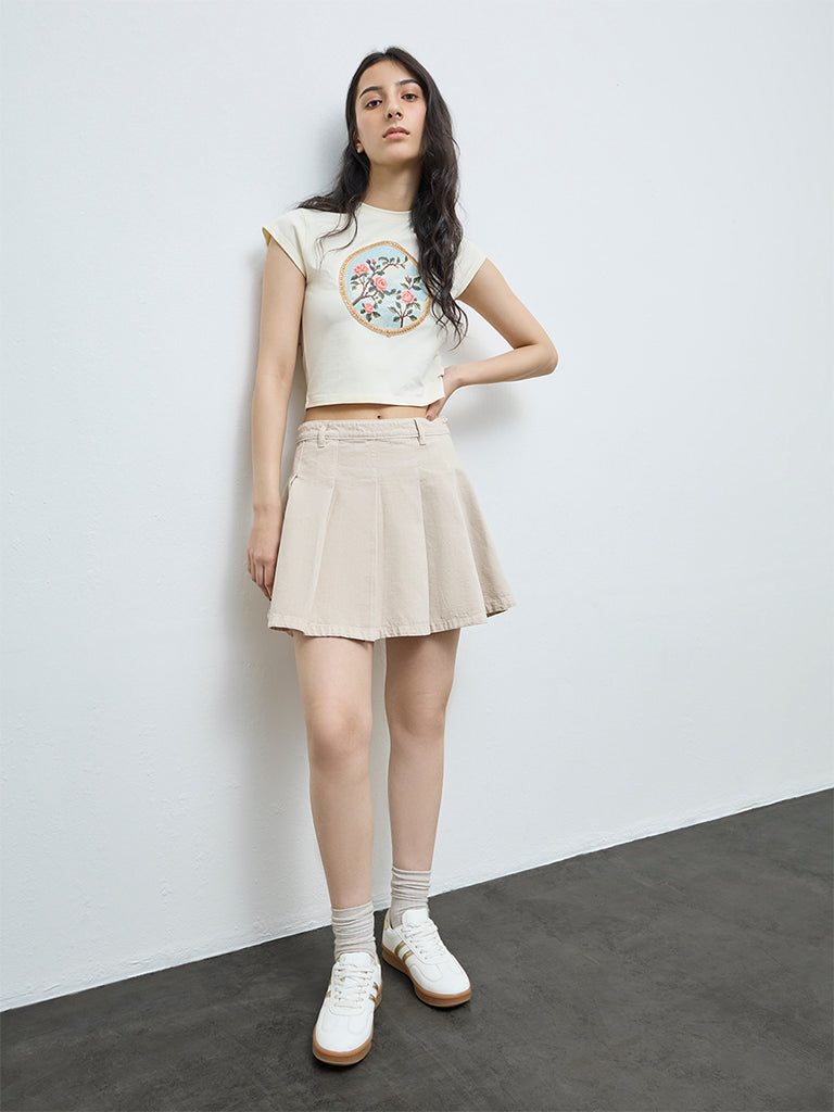Nuon Beige Box-Pleated High-Rise Denim Skirt