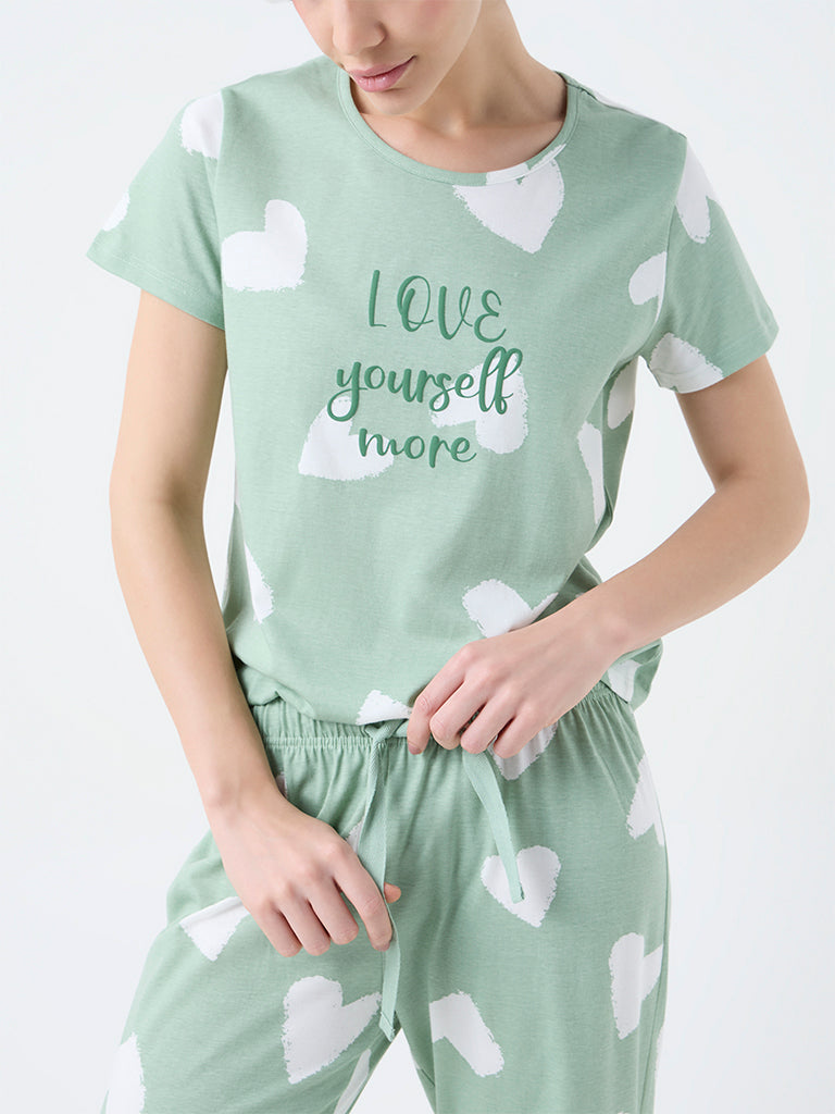 Wunderlove Mint Heart Printed Cotton T-Shirt and Pyjamas Set