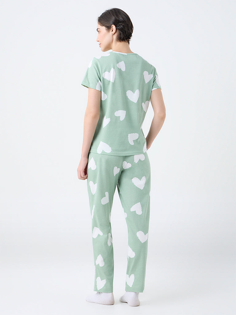 Wunderlove Mint Heart Printed Cotton T-Shirt and Pyjamas Set