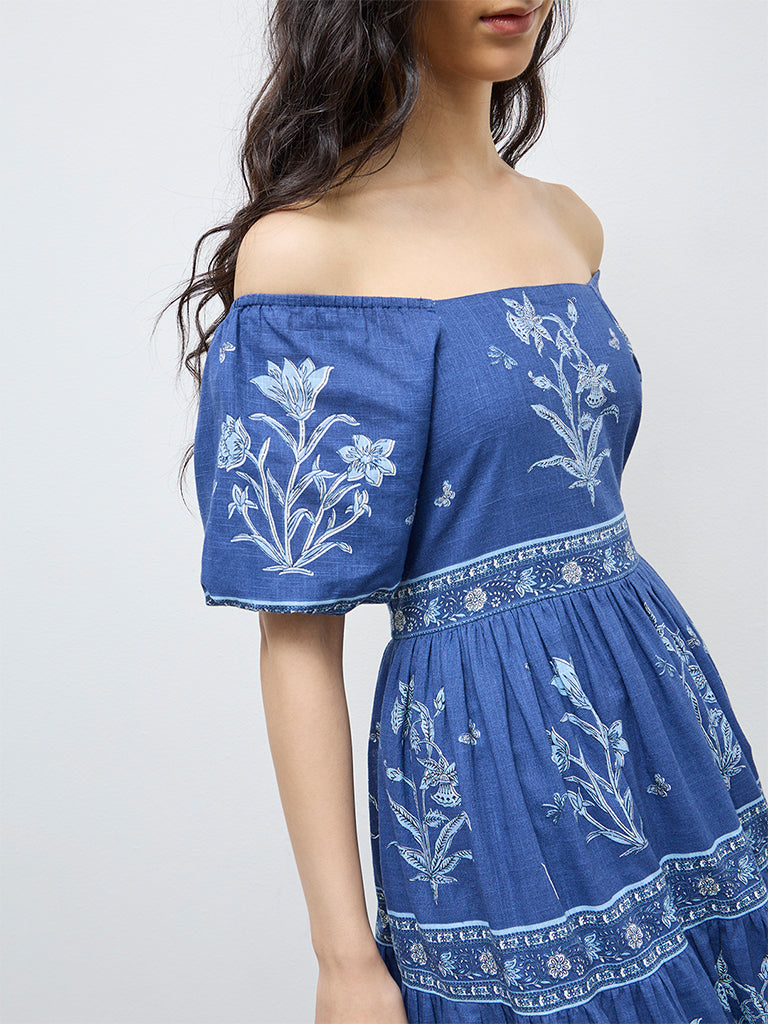 Bombay Paisley Blue Floral Cotton Tiered Dress