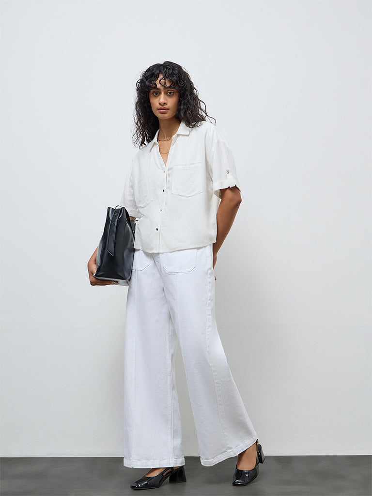 LOV White Solid Linen-Blend Shirt