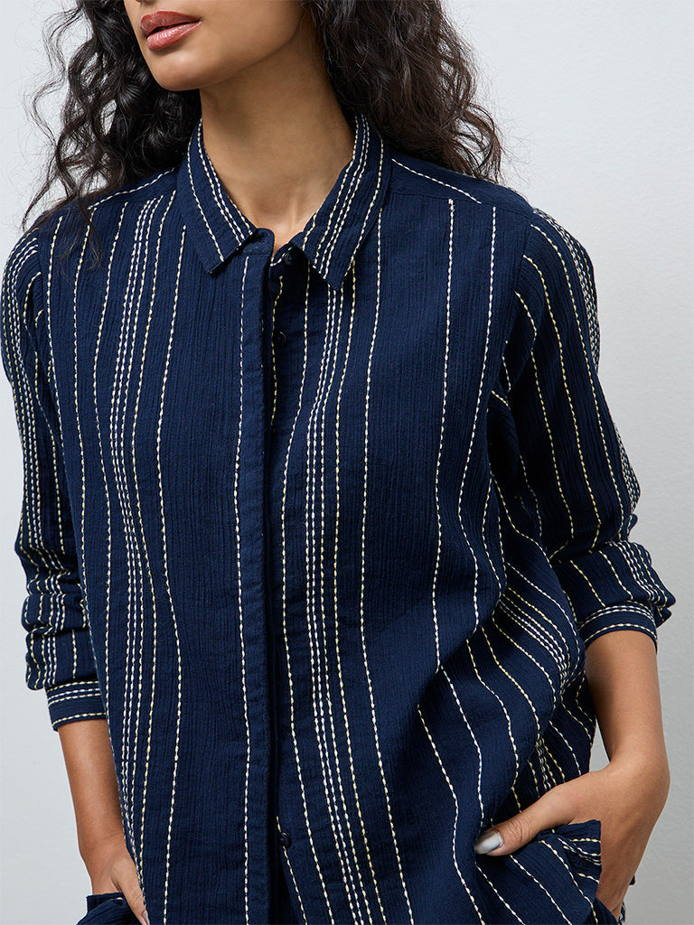 LOV Navy Striped Embroidered Cotton Shirt