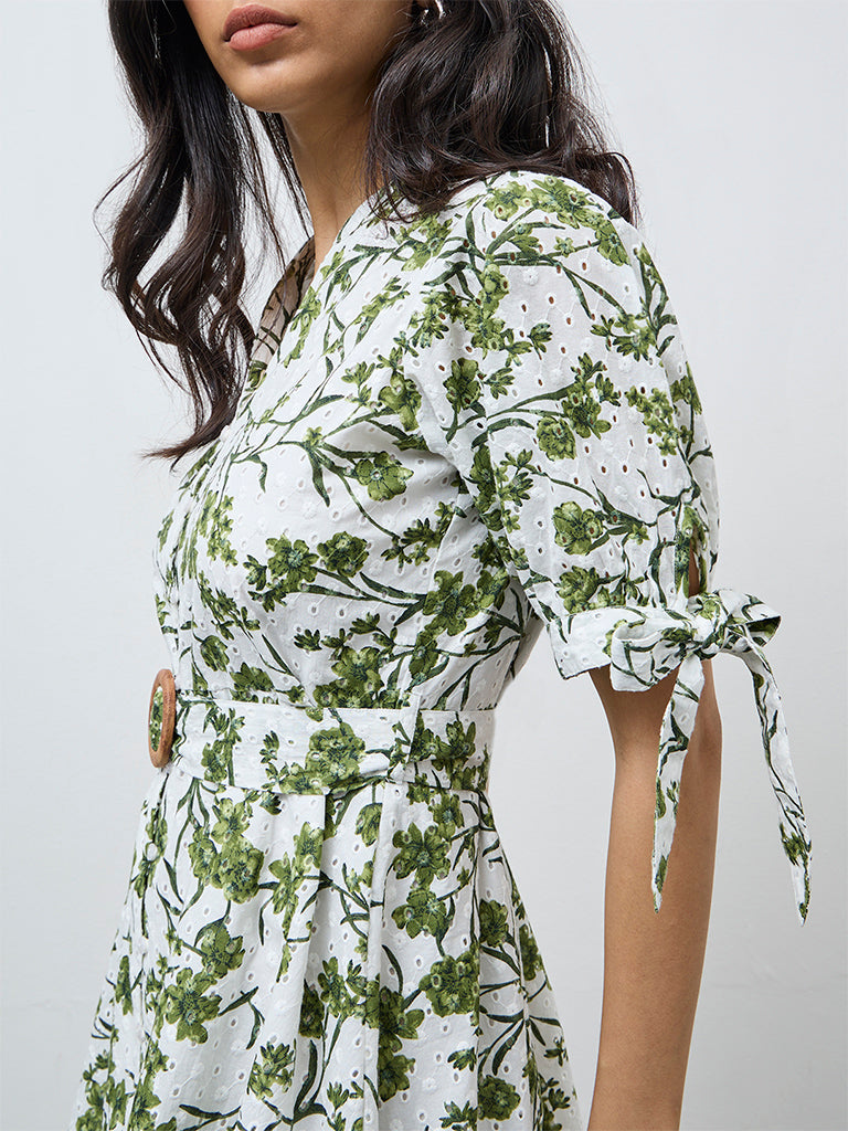 LOV White Foliage Printed Cotton A-Line Dress