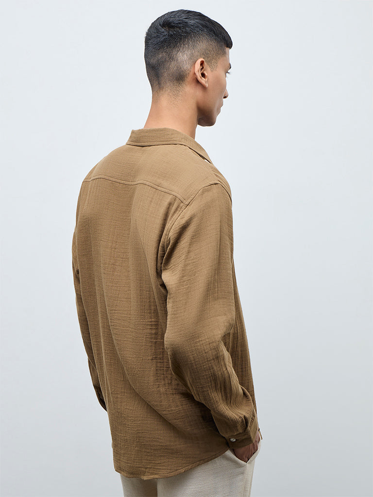 ETA Taupe Crinkle-Textured Relaxed-Fit Cotton Shirt