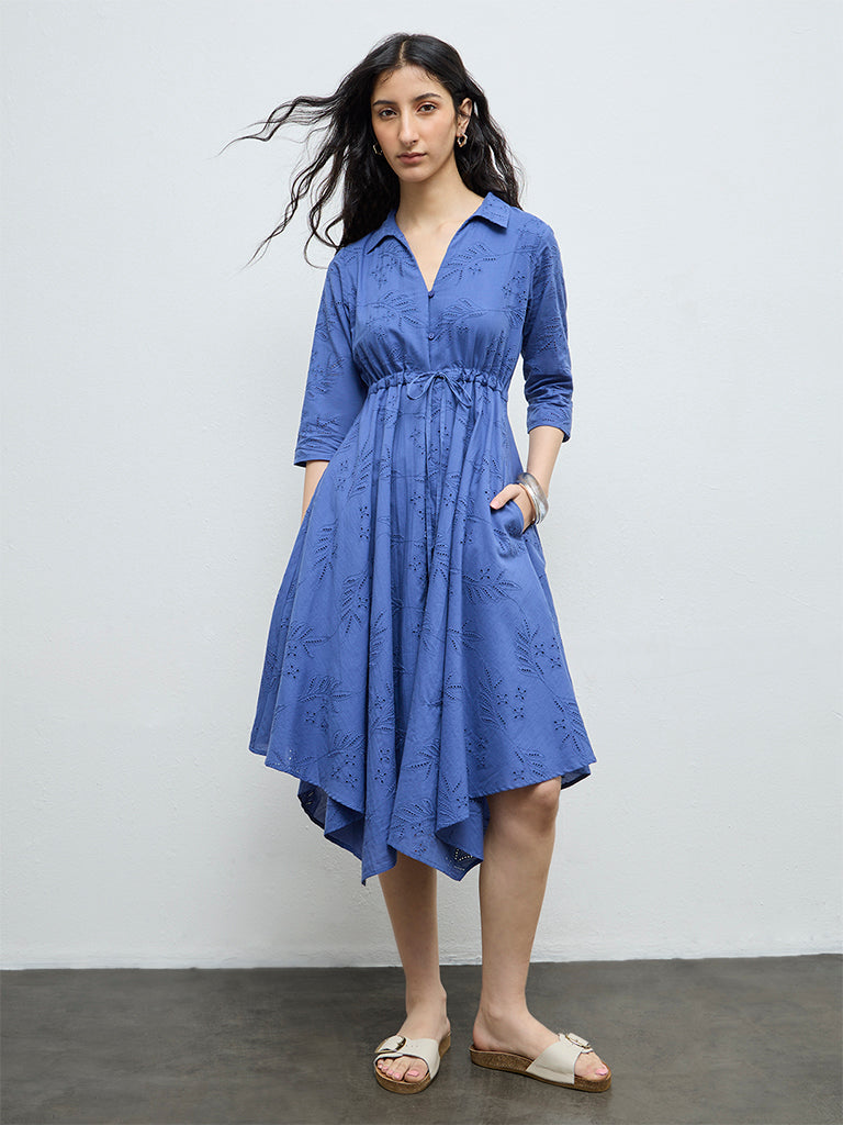 Bombay Paisley Blue Schiffli Embroidered A-Line Dress