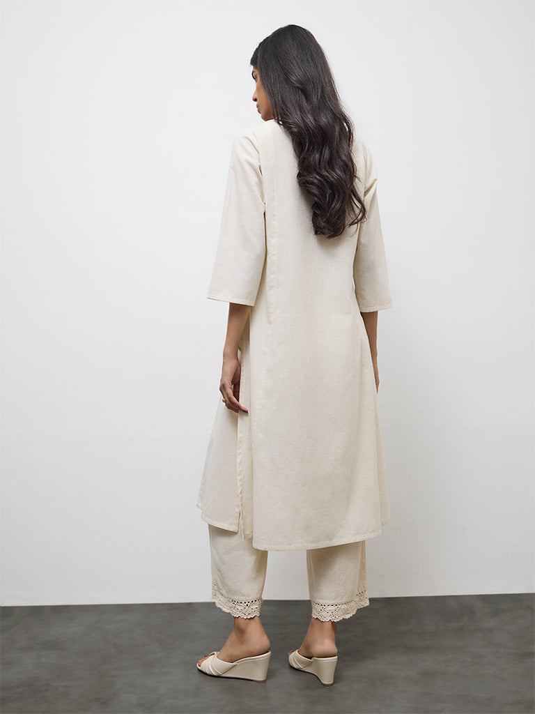 Utsa Beige Floral Embroidered Cotton-Blend A-Line Kurta