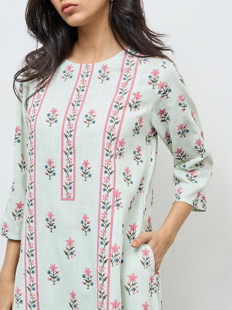 Utsa Aqua Floral A-Line Kurta