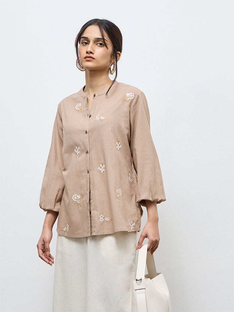 Utsa Beige Floral Embroidered Cotton Tunic