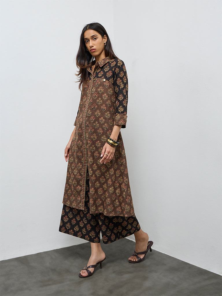 Utsa Black Foliage Printed Cotton Palazzos