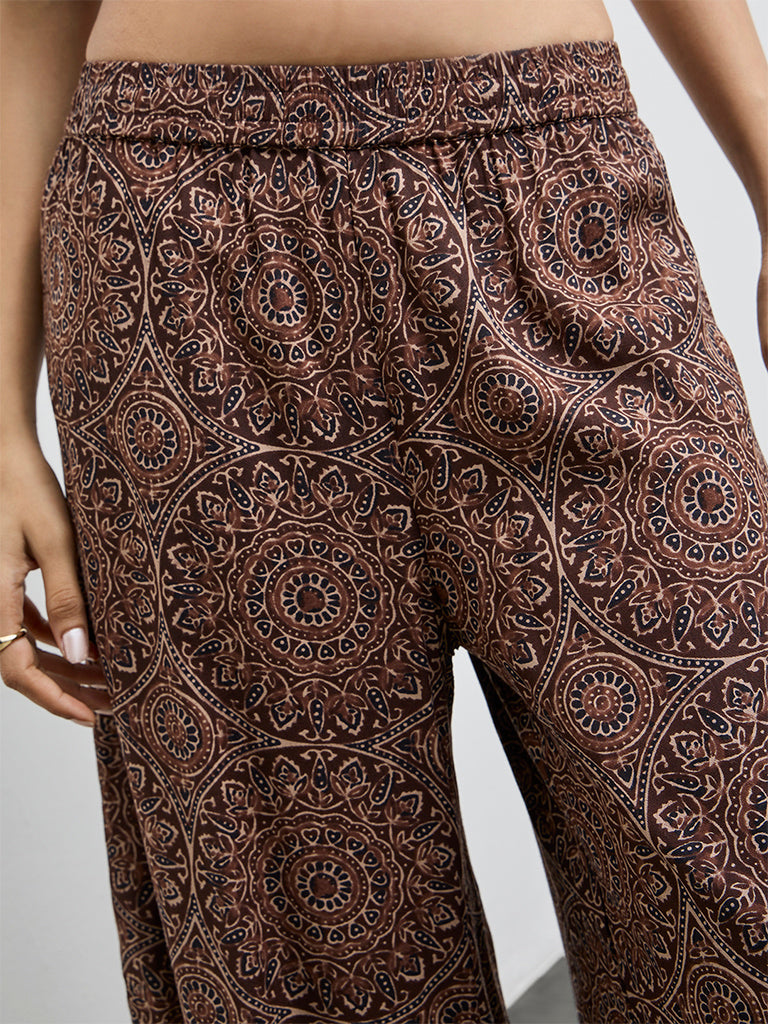 Utsa Dark Brown Printed Palazzos