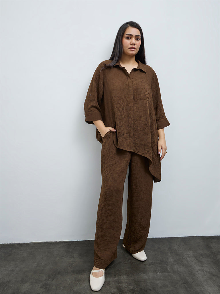 Gia Dark Brown Asymmetrical Cotton Blouse
