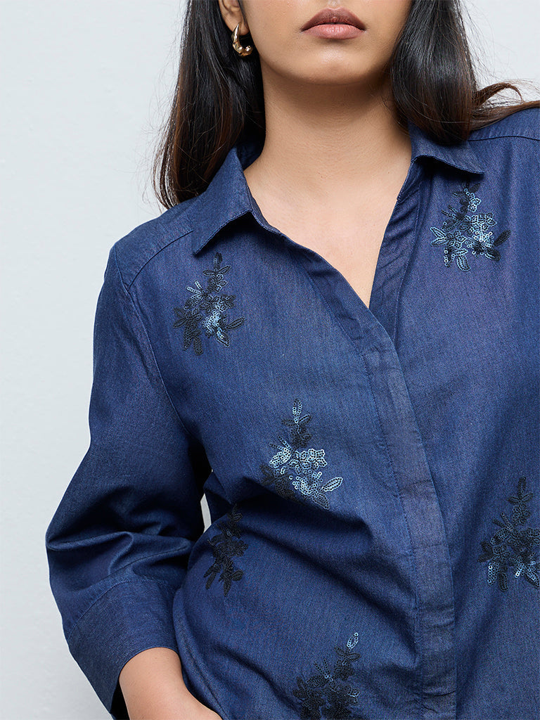 Gia Navy Floral Embellished Denim Shirt