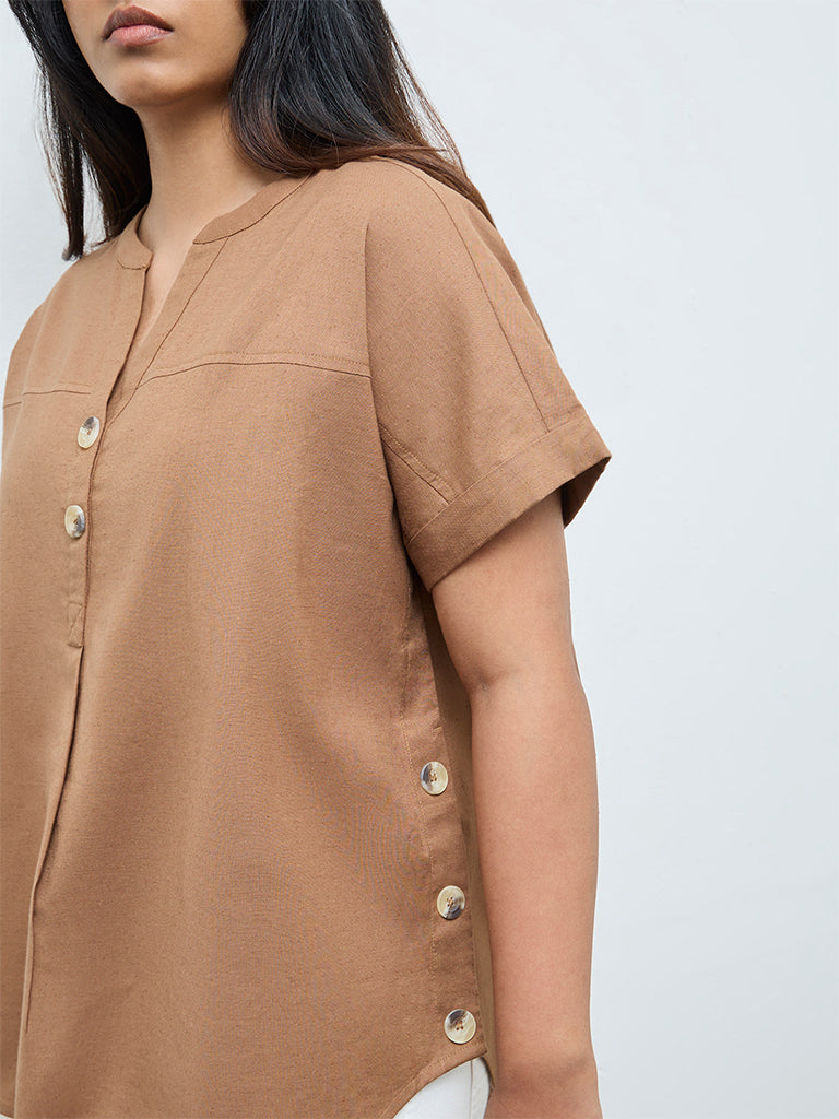 Gia Brown Solid Cotton-Blend Blouse