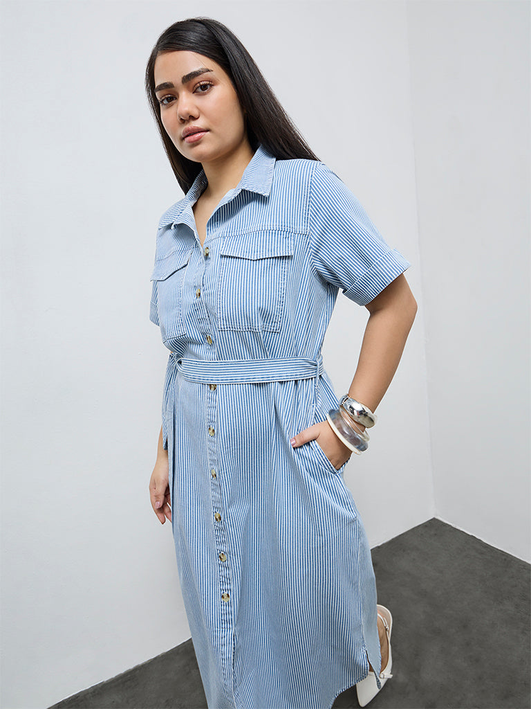 Gia Blue Striped Cotton-Blend Shirt Dress with Belt
