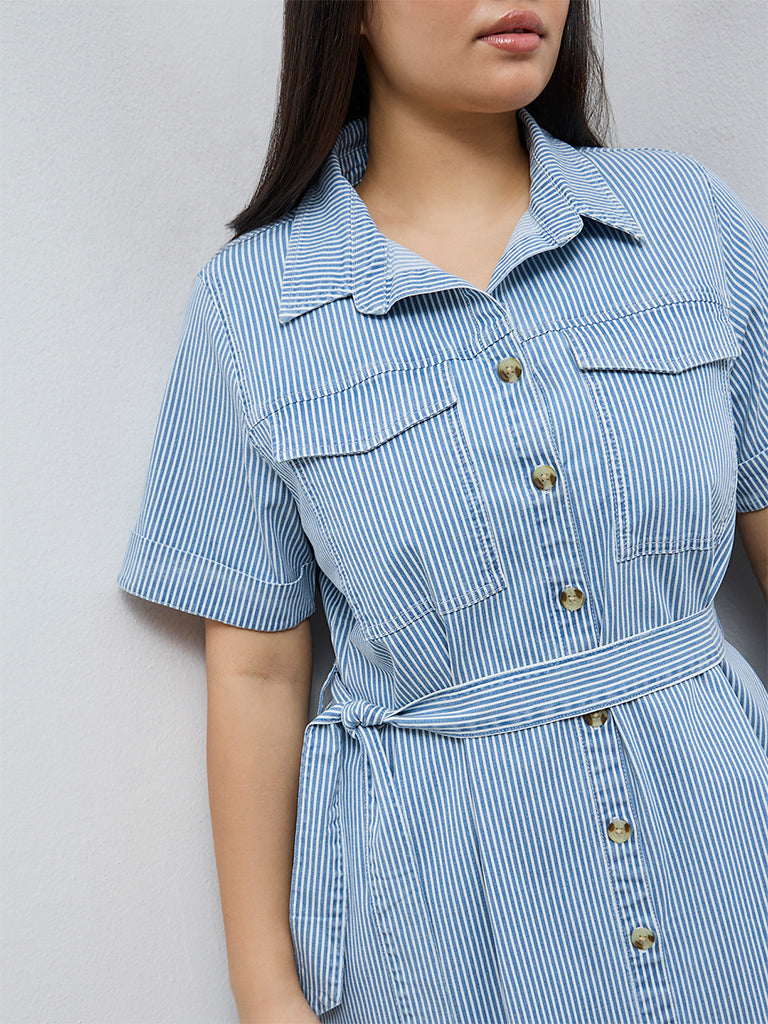 Gia Blue Striped Cotton-Blend Shirt Dress with Belt