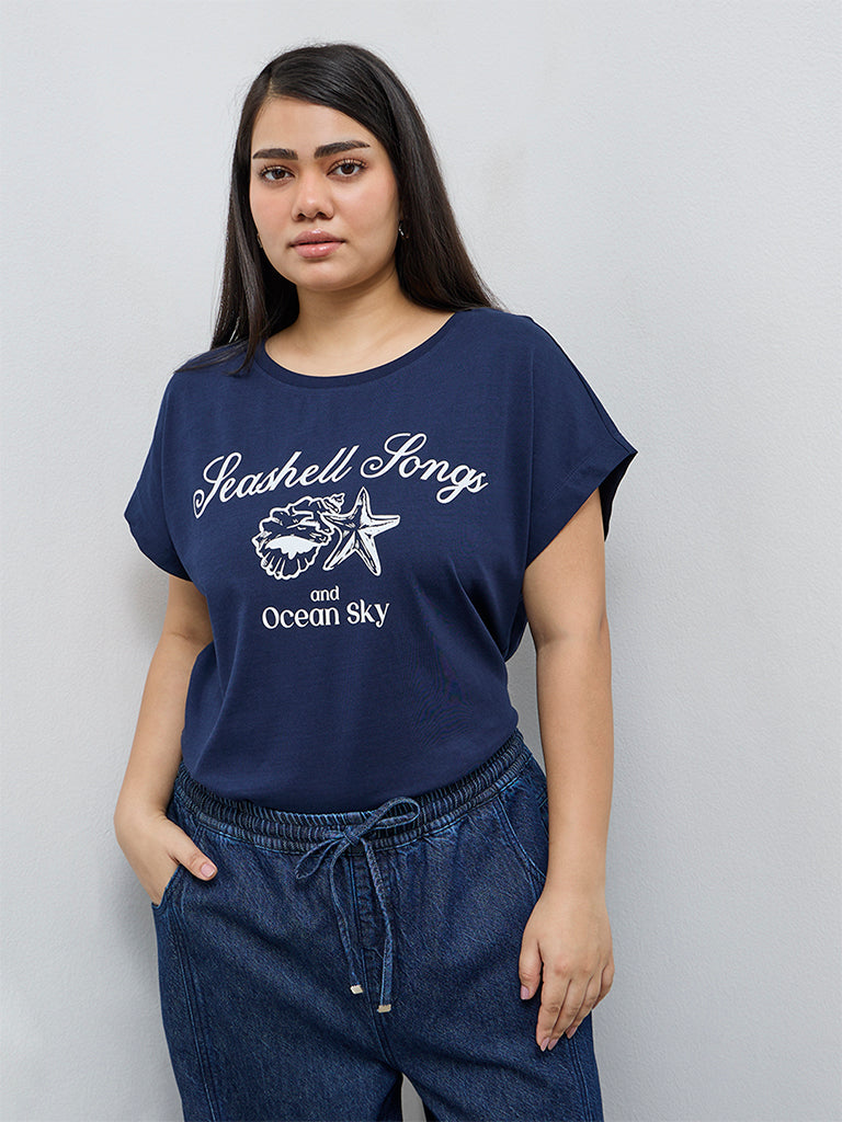 Gia Navy Text Printed Cotton T-Shirt
