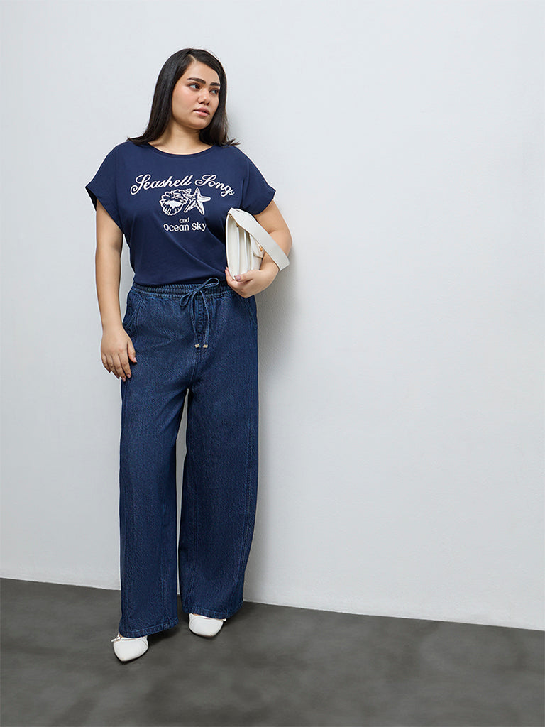 Gia Navy Text Printed Cotton T-Shirt