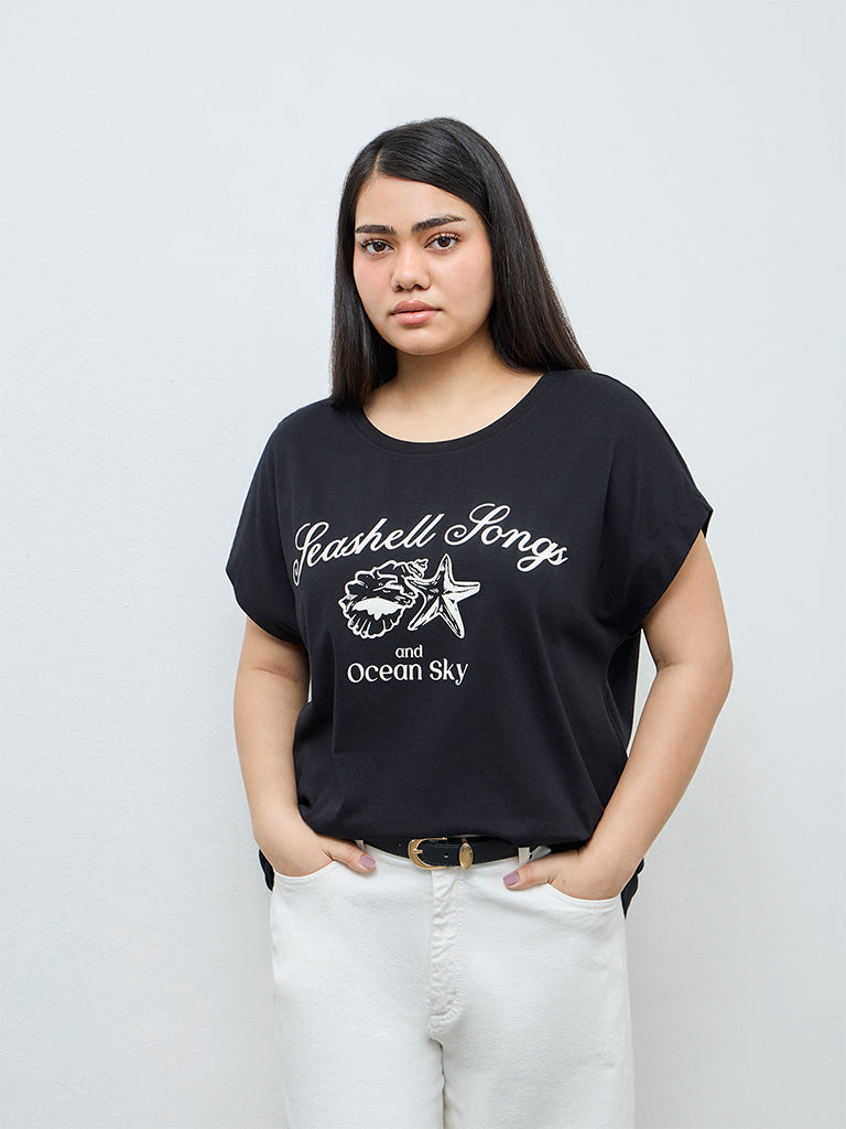 Gia Black Text Printed Cotton T-Shirt