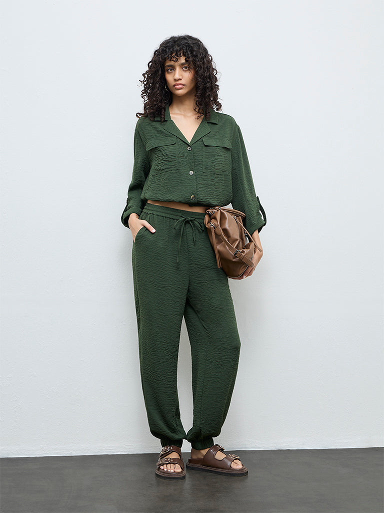 LOV Dark Green Crinkle-Textured High-Rise Pants