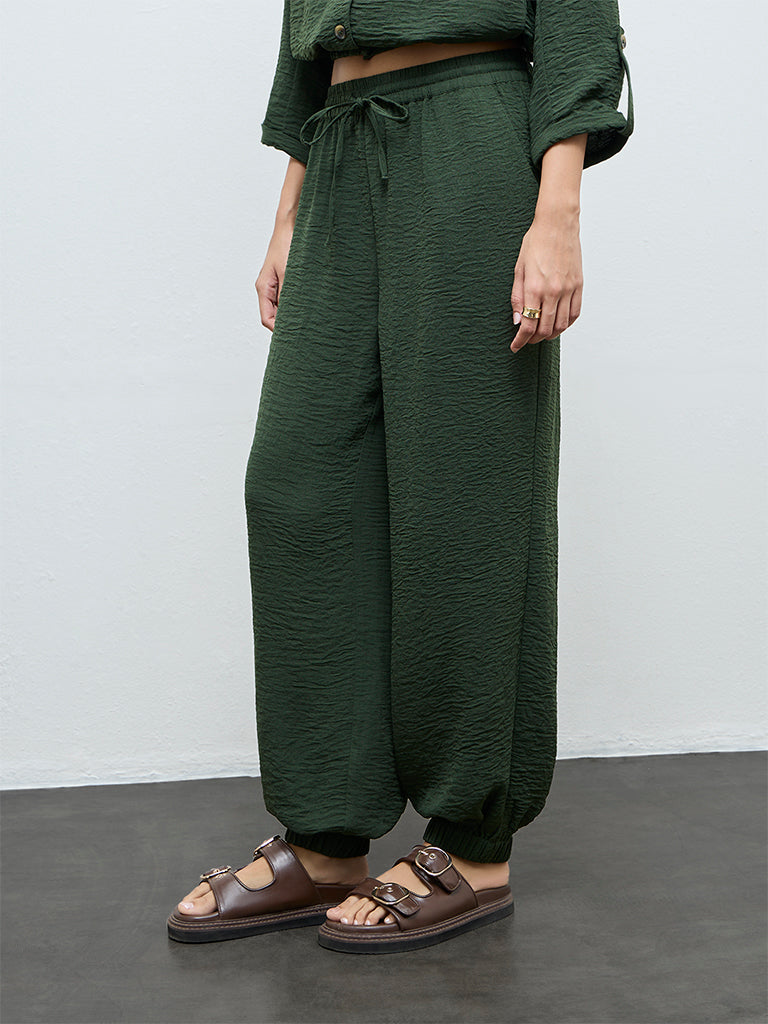 LOV Dark Green Crinkle-Textured High-Rise Pants