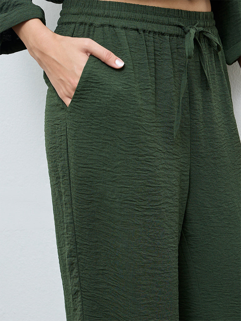 LOV Dark Green Crinkle-Textured High-Rise Pants