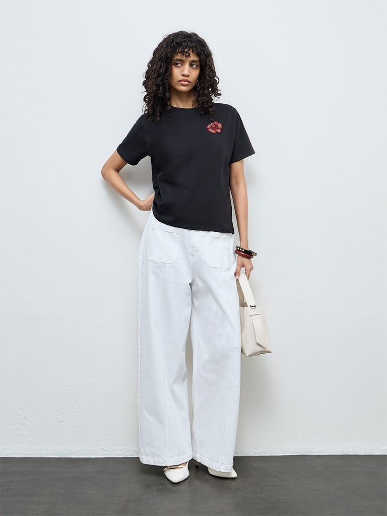 LOV Black Floral Embellished Cotton T-Shirt