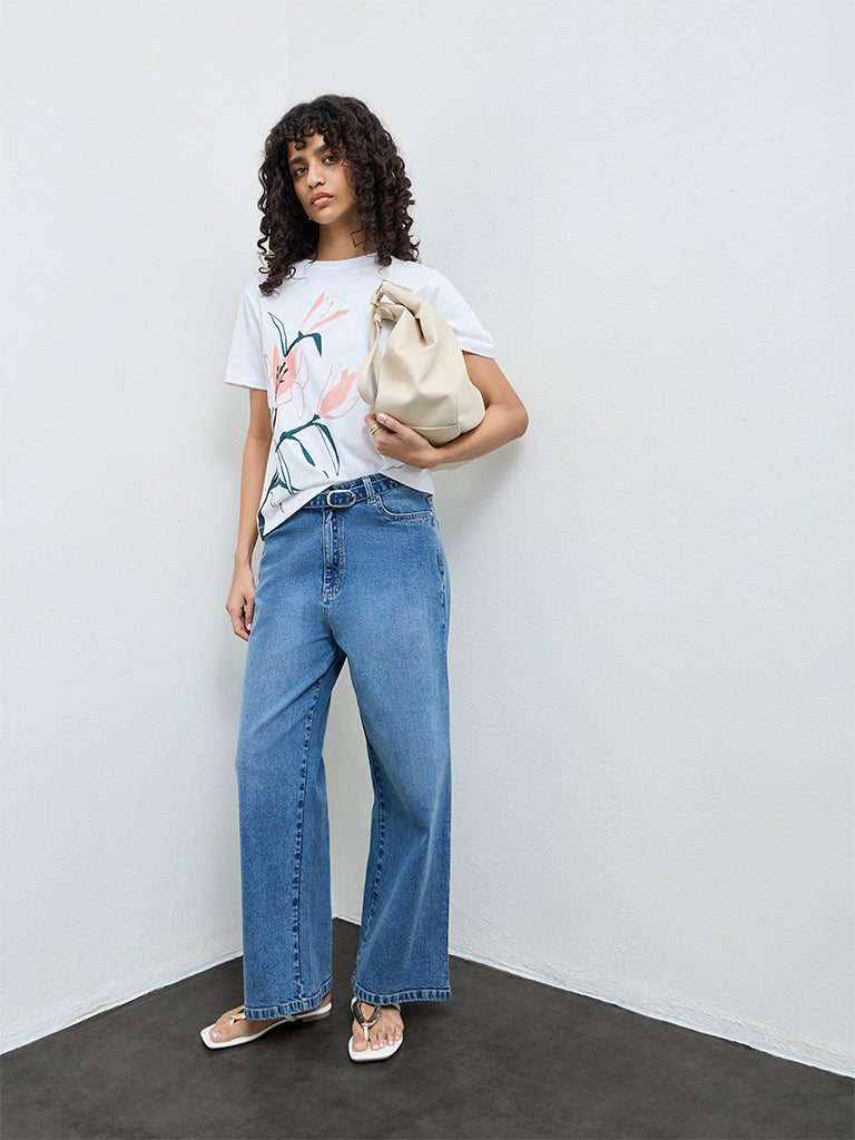 LOV White Foliage Printed Cotton T-Shirt