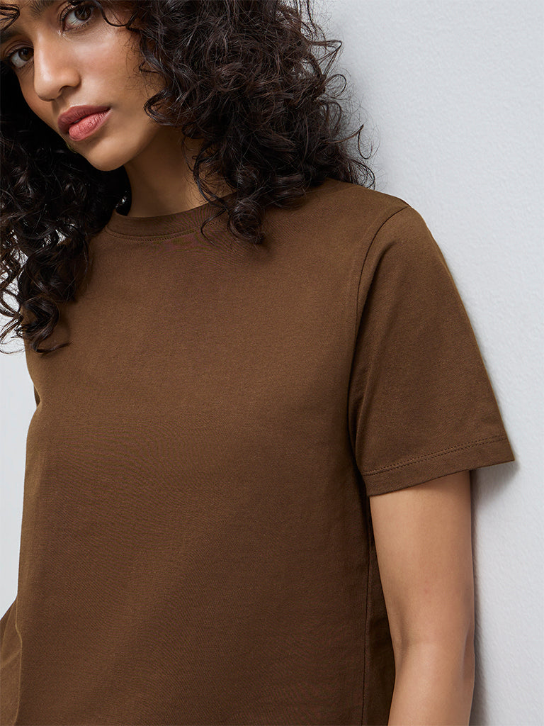 LOV Dark Brown Solid Cotton T-Shirt